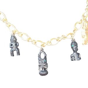 Vintage Gold Tone Tiki Buddha Charm Bracelet Green Rhinestone Accents 7.5 Inch